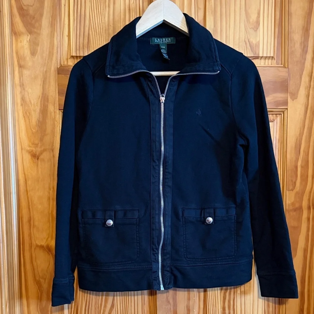 Lauren Ralph Lauren women's black cotton full-zip collared jacket with pockets